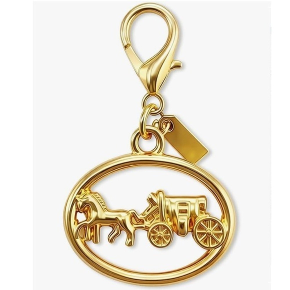Gold Tone Horse and Carriage Oval Bag Purse Charm Keychain Accessory - Picture 3 of 4